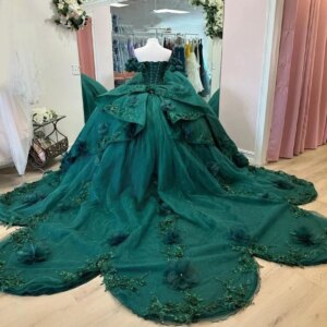 Customized Emerald Green Women Prom Dresses Floral Applique Ball Gown Vestido De xv Anos 15 16 Year Girl Quinceanera Party AQ281