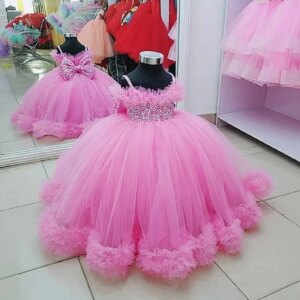 Kids  Hot Pink Ball Gown Flower Girl Dresses Straps Neck Hand Made Birthday Party Dress Costumes Photography Gown