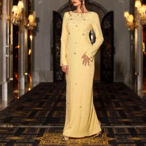 ROYET Luxury Crystal O Neck Full Sleeve Mermaid Long Yellow Evening Dress Backless Floor Length Sexy Prom Gown For Woman