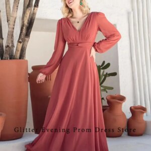 2024 Simple Prom Dresses For Women A-Line V-Neck Full Sleeve Backless Chiffon Modern Custom Made Birthday Evening Party Dresses