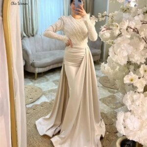 Elegant Champagne Arabic Prom Dresses With Detachable Train Long Sequin Mermaid Evening Dress Feather Abaya Formal Customized