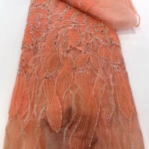 Peach Nigerian Luxury Beaded And Perals Lace Fabric High Quality 2025 African Sequins Tulle Lace Fabric For Woman Evening W591-1