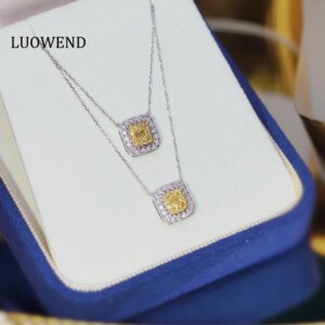 LUOWEND 100% 18K White Gold Necklace Elegant Style Real Natural Yellow Diamond Pendant Necklace for Women Engagement Jewelry