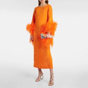 Modern Orange Feather Dress 2024 Mother Dress Mid Calf Length Mother of the Bride Gown Long Sleeve Wedding Party Dress Back Slit