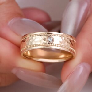 Provence 14K 18K Gold ring lab diamond Men’s engagement ring Special Desig Hammer pattern wedding band Anniversary Gifts for men