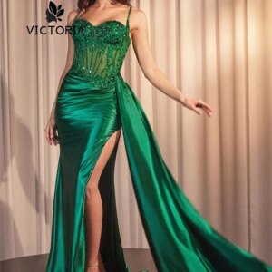 High Split Green Beaded Spaghetti Mermaid Prom Dress For Dubai Arabic شارون Luxury Evening Dress Luxury Wedding Customized