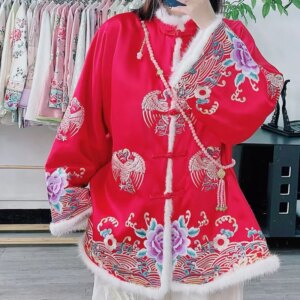 High-end Winter Women Thick Mink Fur Top Retro Embroidery Elegant Lady Loose China New Year Warm Coat S-XXL