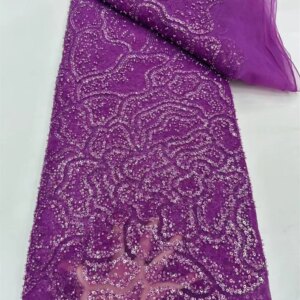 Purple Sequins Lace Fabric 5 Yards Party Bridal Dubai Handmade Beads New High Quality Luxury African Beaded Tulle Sewing W576-1