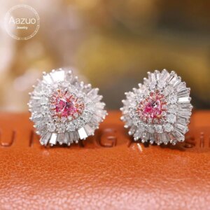 Aazuo Luxury Jewelery 18k White Gold Real Pink & White Diamonds Lovely Heart Stud Earring Gifted For Women Wedding Party Au750