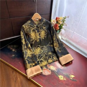 New Chinese style stand collar satin jacquard single breasted loose luxurious coat