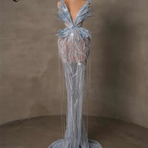 High Fashion Blue Celebrity Dresses Full Beading Crystals Mermaid Illusion Red Carpet Runway Dresses Customized Evening Dresses