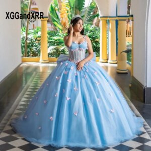 Sky Blue Ball Gown Quinceanera Dresses 2024 Lace Appliques Cinderella Sweet 16 Dress XV Vestido De 15 Quinceañeras Butterfly