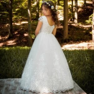 Flower Girl Dresses White Tulle Puffy Lace Flory Appliques Short Sleeve For Wedding Birthday Party Banquet Princess Gowns