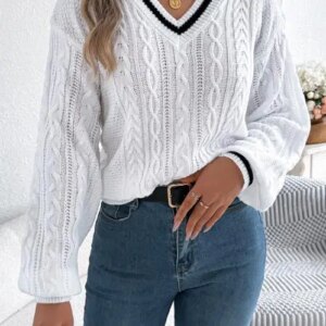 2025 Autumn/Winter New Color blocked V-neck Fried Noodles Twisted Lantern Long Sleeve Women’s Sweater