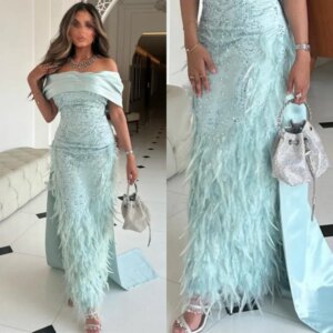 Customized Jersey Beading Feather Valentine’s Day A-line Off-the-shoulder Bespoke Occasion Gown Midi Dresses Elegant Exquisite H