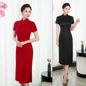Pure Red Acetate Cheongsam Qi Pao Spring and Summer New Fashion Improvement Mid-Length