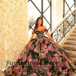 Fashion Rose Floral Print Off Shoulder Quinceanera Dresses Birthday Party Prom Princess Ball Gown Vestidos De 15 Anos Corset
