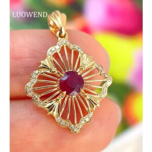 LUOWEND 100% 18K Yellow Gold Pendant Vintage Palace Style Natural Diamond Natural Ruby Pendant for Women High Anniversary Gift