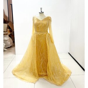 Exquisite V-Neck Evening Dresses Fashion Long Sleeves Beads Sequined Mermaid Gowns Chic Detachable Train Prom Party Dresses