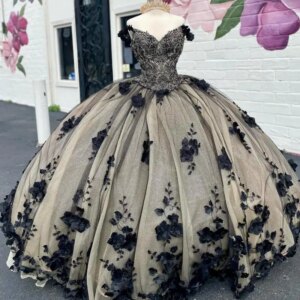 Customized Mexican Black Flower Prom Dresses V Neck Lace Up Ball Gown Vestido De xv Anos Sweet 15 Birthday Quinceanera Dress 16