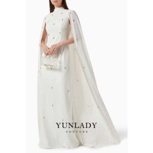 YUNLAN Customized Saudi Arabia Cape Sleeve Beige Evening Dress 2025 Luxury Beaded Muslim Women Wedding Guest Shawl Dress