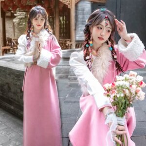 New Tibetan Robe Clothing Female Photo Personal Trip Shoot Pink Fur Collar Ethnic Style Dress