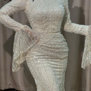 Sparkle Light Champagne Muslim Women Prom Dress Full Beaded Luxury Wedding Party Gown Plus Size Arabic Celebrity Gown Customized