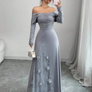 Customized High Quality Jersey Off the Shoulder Flowers Evening Dresses Delicate Long Sleeves Custom Made Celebrity Go