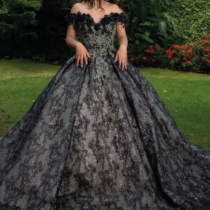 Customized Shiny black Off Shoulder Quinceanera Dress Tull crystal applique 3D flower vestidos de 15 Quinceanera