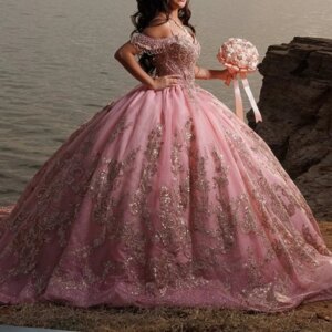 Pink Shiny Princess Quinceanera Dresses Gold Appliqued Lace Beads Tull Sweet 16 Dress Sweetheart Off Shoulder Ball Gown Vestidos