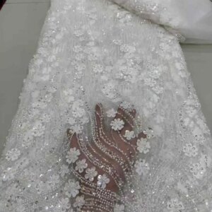 2025 3D African French Beaded Lace Fabric Sewing Sequins Embroidery Lace High Quality Nigeria Net Lace Fabric for Women Wedding
