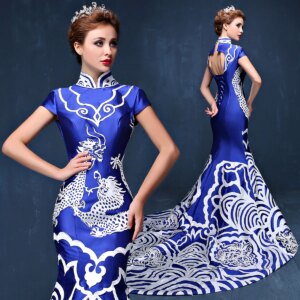 Wedding Hostess dress female 2022 new long elegant model walk show stage blue white porcelain performance dress cheongsam blue