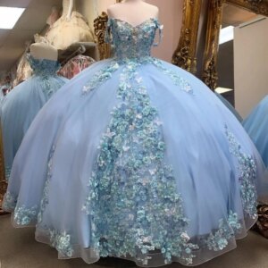 Sky Blue Glitter Sweetheart Ball Gown Quinceanera Dresses Off The Shoulder Applique Lace Bow Beading Corset Vestidos De 15 Años