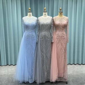 YQLNNE Muslim Silver Long Sleeve Evening Dresses Boat Neck Tulle Beading Sequined Formal Women Party Gown