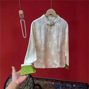 National style new Chinese satin jacquard shirt splicing long sleeve disc cheongsam collar blouse base