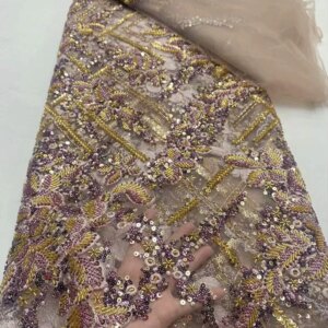 Sequence Beaded French Net Lace Fabrics African Lace Fabrics High Quality Sequins Lace Gold Embroidered Lace For Sewing KB4639