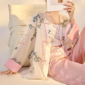 New Chinese style flower branch printed embroidery silk coat temperament fashion