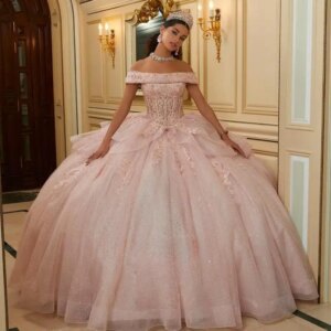 Customized Pink Shiny Glamorous Tiered Ball Gowns Quinceanera Dress for Girls Bowknot Lace Off the Shoulder Vestidos De 15 Anos