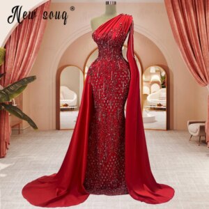 Bright Red Ceremony Dress Long Cape Sleeve Mermaid Sequins Wedding Party Gowns Dubai Formal Prom Dresses Customized 2025