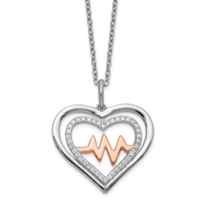 Sterling Silver RHplated Rosetone CZ Heartbeat w 2in ext Necklace