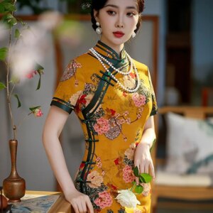 Women’s yellow stand collar long fashion flower luo Chinese style cheongsam