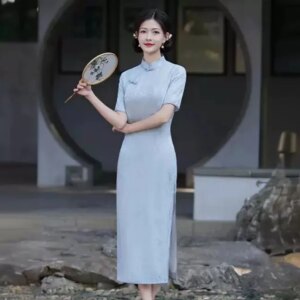 High-End Quality Real Silk Cheongsam Qipao Summer Women’s Jacquard Improved Interwoven Dress Chinese Style Chi-Pao