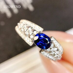 LUOWEND 100% 18K White Gold Rings Luxury Shiny Design Natural Diamond Natural Sapphire Ring for Women High Party Jewelry
