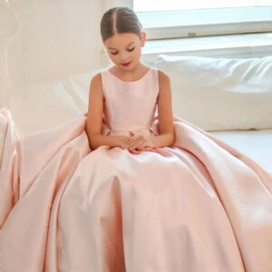 Pageant Gown for Wedding Satin Bow Sleeveless Kids Baby Birthday Party First Communion Gowns Pink Flower Girl princess Dresses