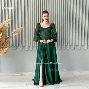 Qunque Green Prom Dresses for Women Sweetheart Cap Sleeves A Line Long فساتين سهرة Luxury Pearls Sequined Evening Party Gowns