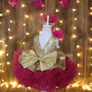 CustomizedNew Baby Girl Dress Black Sequins Pink Tulle Flower Girl Dress Knee Length O Neck Kid Size 12M 24M New Year Photograph