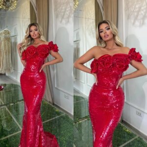 Sparkly Sequins Mermaid Prom Dresses Handmade Flower Evening Gowns One Shoulder Party Dress Robes de soirée