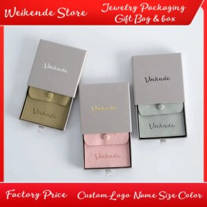 New Customized Logo Paper Cardboard Drawer Box Sliding Jewelry Necklace Earring Suede Snap Button Packaging Gift Storage Bag