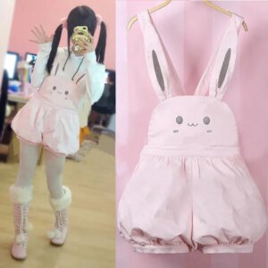 Pink Kawaii Overalls Girl Spring Rompers Cute Bunny Lantern Shorts Lolita Palysuits Rabbit Bow Suspender Strap Jumpsuit