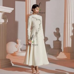 Customized Bead Ankle Length Evening Dress Elegant A-Line Long Sleeves High Neck Jersey Occasion Formal Women Customized Prom Go